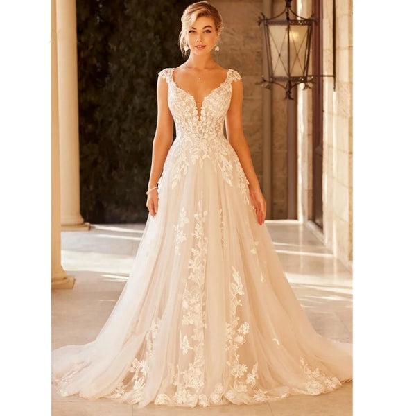 Elegant Wedding Dress For Women V-Neck Cap Sleeve Lace Appliques Custom Made